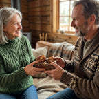 Couple exchanging a gift wrapped in rustic brown paper with a gold ribbon.