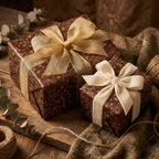 Elegant brown floral wrapping paper on gifts tied with gold and cream ribbon.