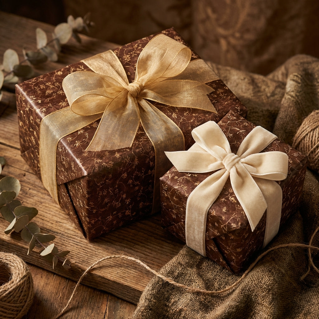Elegant brown floral wrapping paper on gifts tied with gold and cream ribbon.