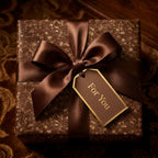 Elegant brown floral wrapping paper with satin ribbon bow and "For You" tag.