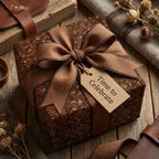 Elegant brown floral wrapping paper with ribbon and "Time to Celebrate" tag from Wrapped Studios.