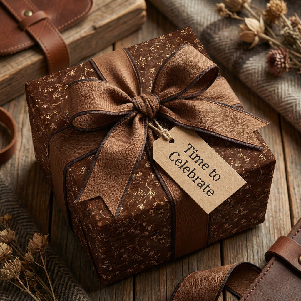 Elegant brown floral wrapping paper with ribbon and "Time to Celebrate" tag from Wrapped Studios.