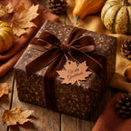 Elegant brown floral wrapping paper with velvet ribbon and "With Gratitude" tag for Thanksgiving or autumn gifts.
