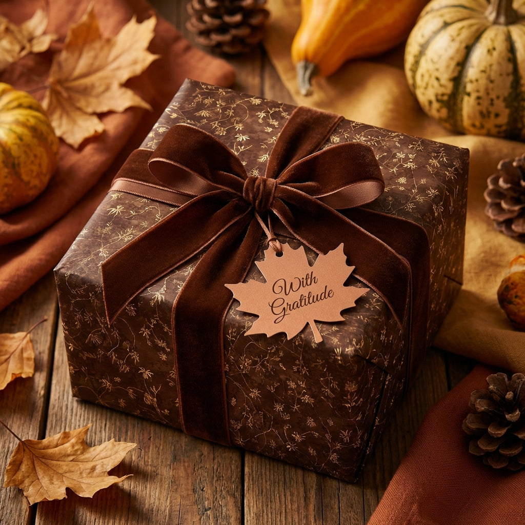 Elegant brown floral wrapping paper with velvet ribbon and "With Gratitude" tag for Thanksgiving or autumn gifts.