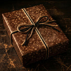 Brown floral wrapping paper with string bow, on dark wood.