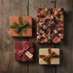 Elegant gifts wrapped in solid and fall leaf pattern wrapping paper with velvet and cord ribbon on a wood surface.