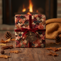 Fall-themed gift wrapped in leaf print wrapping paper with a velvet ribbon, perfect for autumn birthdays.