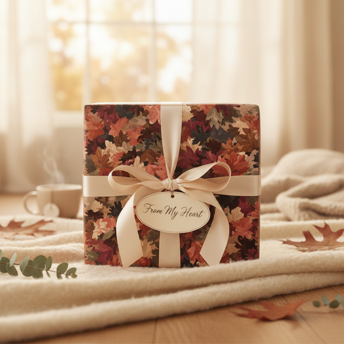 Cozy autumn gift: square present in leaf-print wrapping paper, tied with ivory ribbon and "From My Heart" tag.