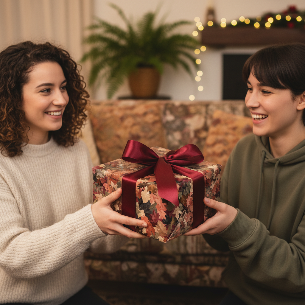Woman exchanging gift wrapped in autumn leaf wrapping paper and burgundy ribbon.