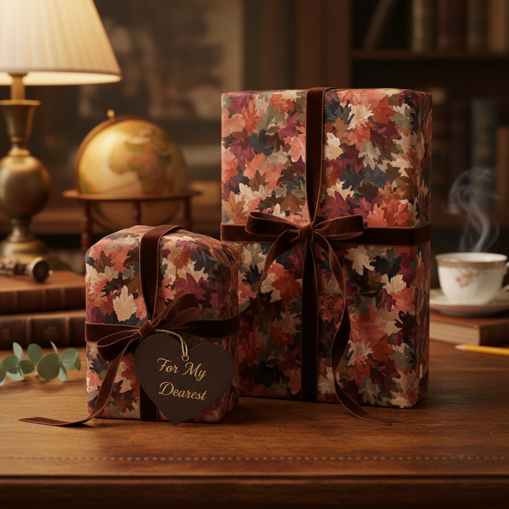 Elegant gifts wrapped in autumn leaf wrapping paper with velvet ribbon, perfect for fall birthdays or Thanksgiving.