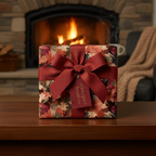 Elegant gift with autumn leaf wrapping paper and deep red ribbon, next to a cozy fireplace.