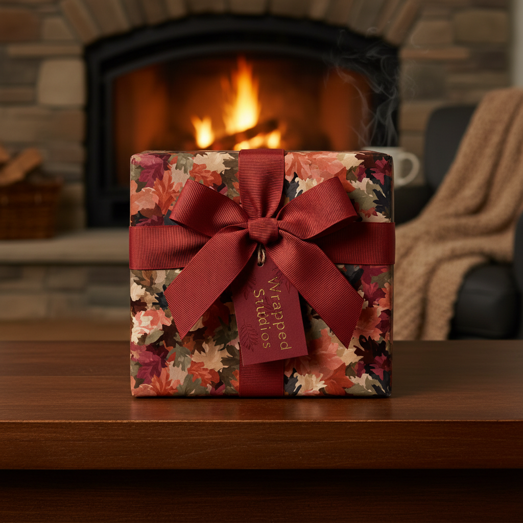 Elegant gift with autumn leaf wrapping paper and deep red ribbon, next to a cozy fireplace.