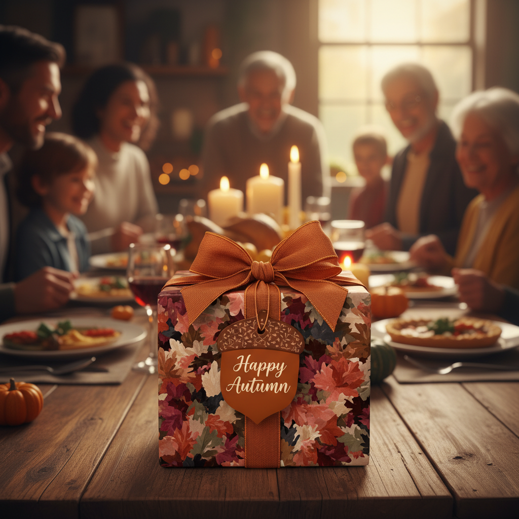 Autumnal gift box wrapped in floral paper with a brown ribbon, suitable for Thanksgiving or fall holiday.