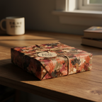 Gift box wrapped in autumn leaf wrapping paper with twine and "With Love" tag.