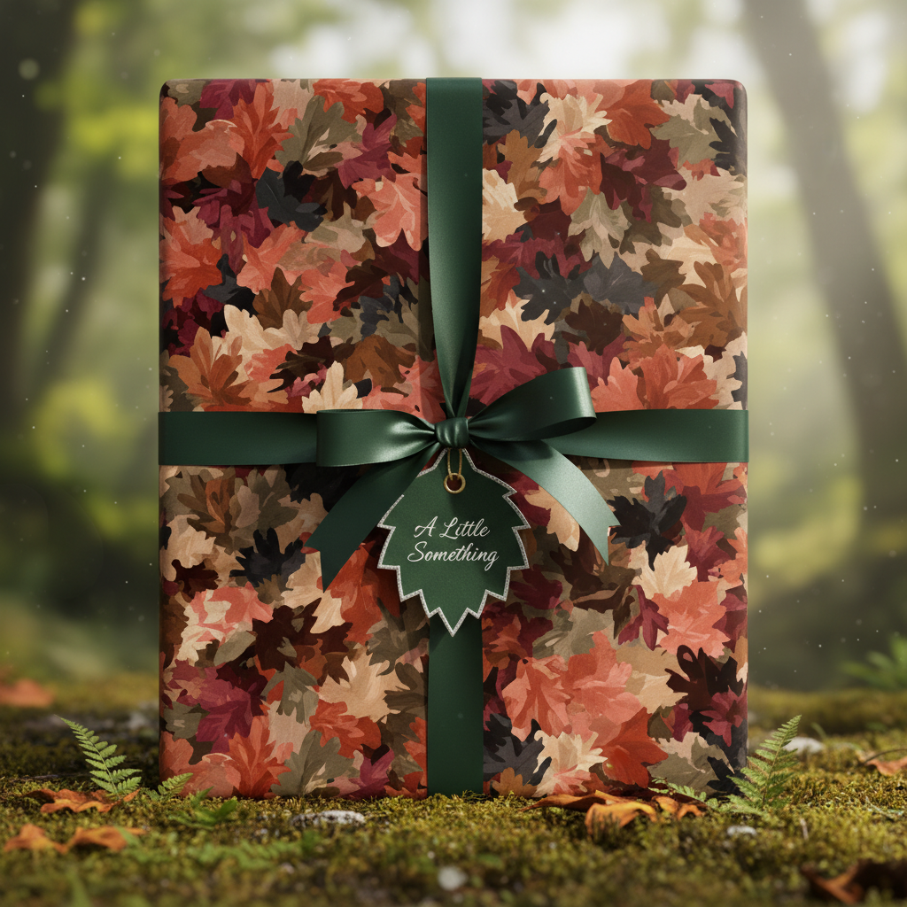 Autumn leaves gift wrap with green ribbon on mossy forest floor.