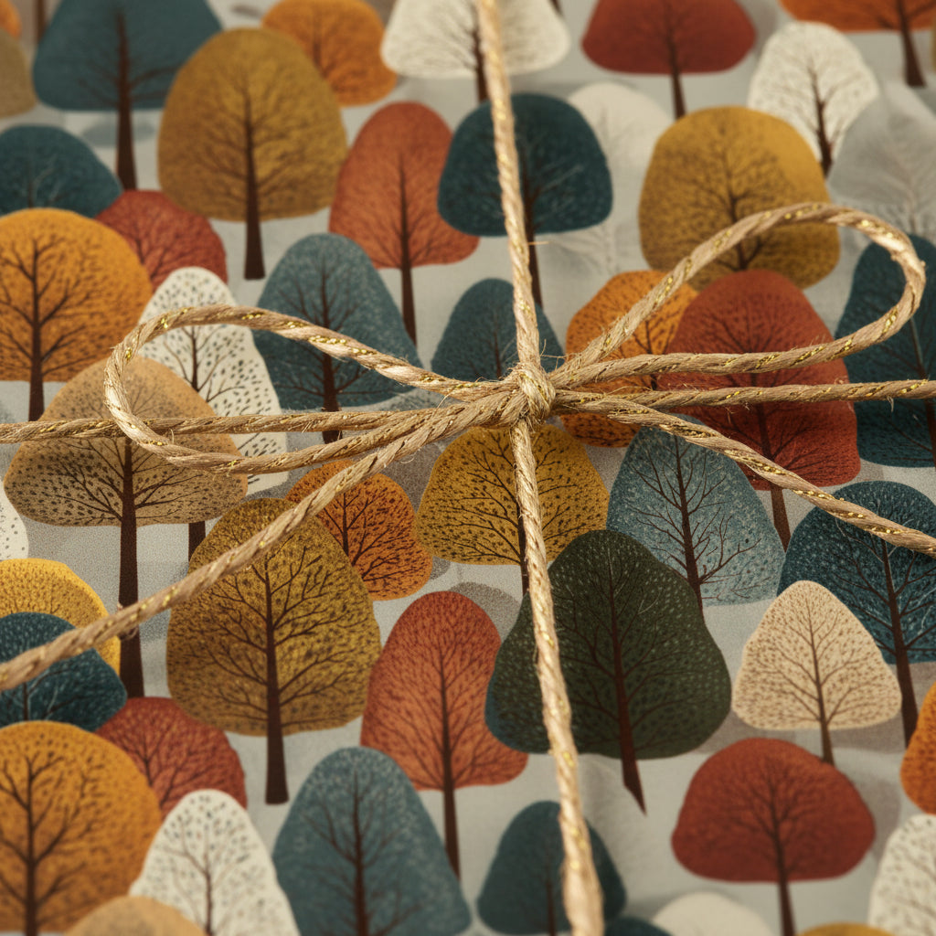 Rustic gift wrap with an autumnal tree pattern tied with gold-flecked twine.