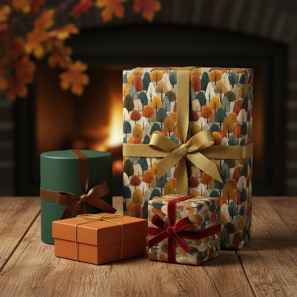 Fall presents wrapped in rustic tree print wrapping paper with velvet and satin ribbon on a wooden table.