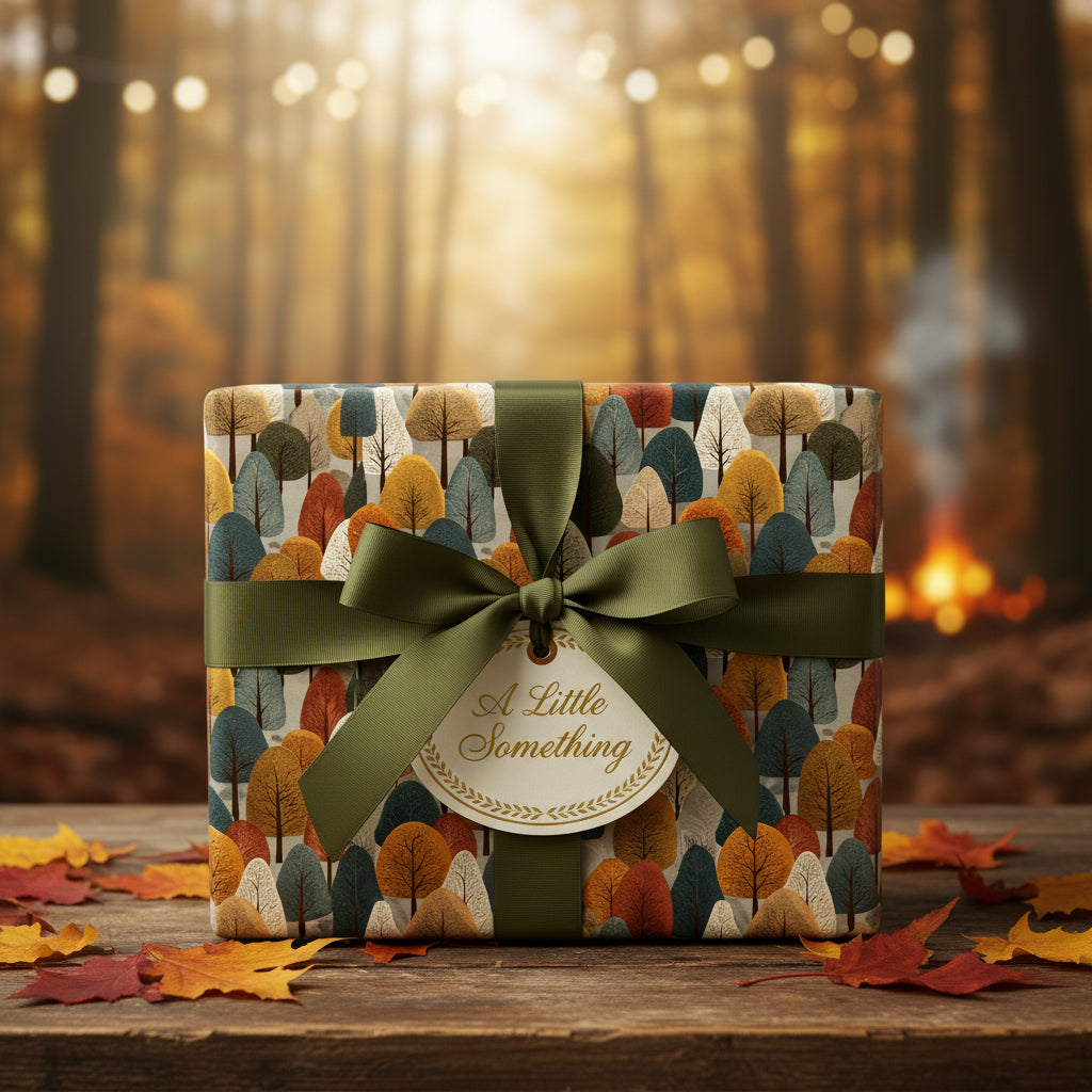 Autumn-themed gift wrapped in tree pattern wrapping paper with green ribbon and fall leaves.