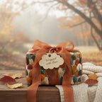 Autumn-themed gift wrapped in modern tree print paper with an orange ribbon and "Wrapped with Love" tag.