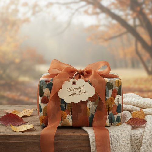 Autumn-themed gift wrapped in modern tree print paper with an orange ribbon and "Wrapped with Love" tag.