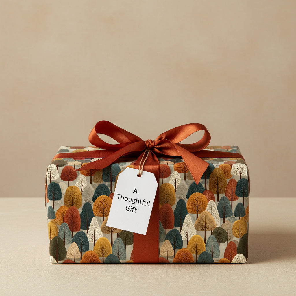 Gift wrapped in modern tree-patterned wrapping paper with a rust-colored ribbon bow and tag.