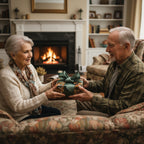 Elderly couple exchanging a gift wrapped in colorful geometric paper with a sage green satin bow.