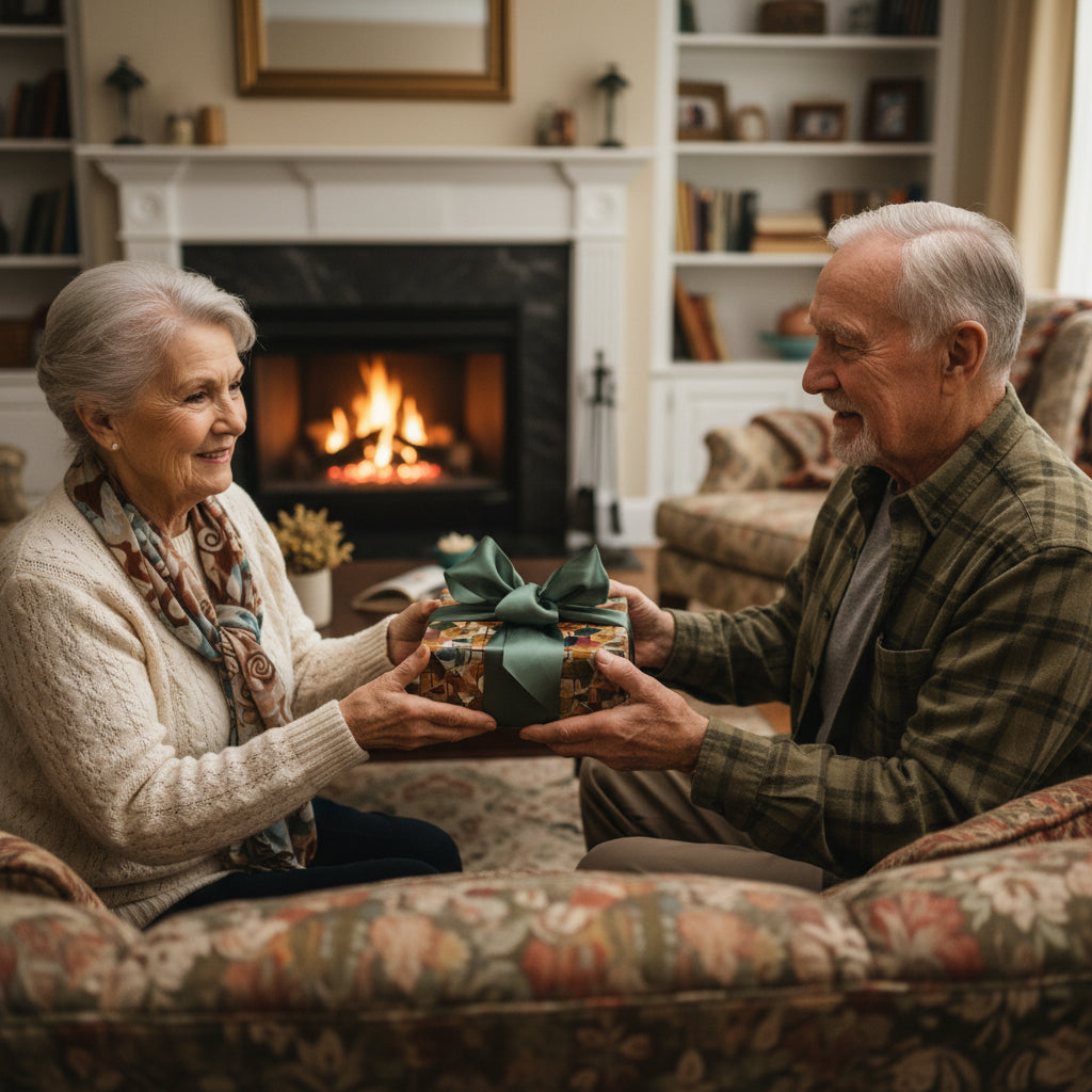 Elderly couple exchanging a gift wrapped in colorful geometric paper with a sage green satin bow.