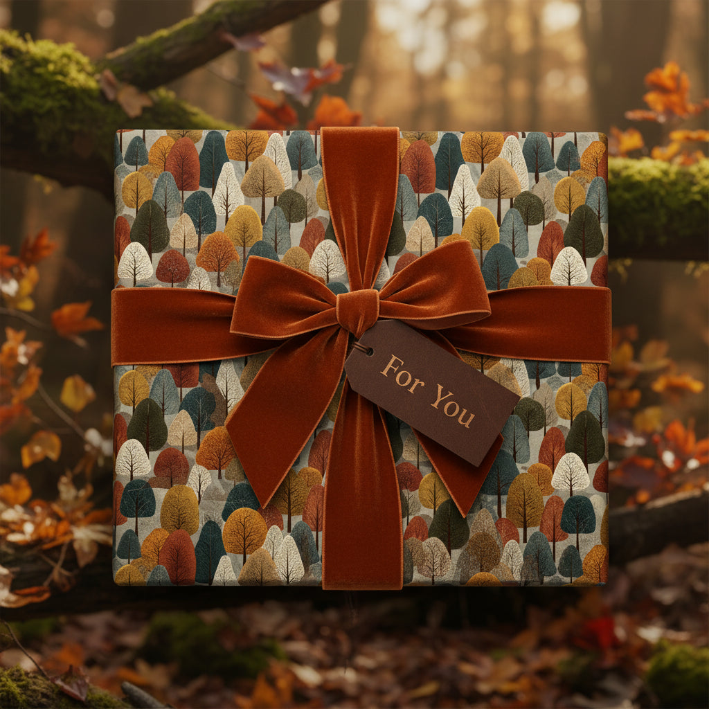 Autumn forest wrapping paper with a velvet ribbon bow and "For You" tag, perfect for fall birthday gifts.