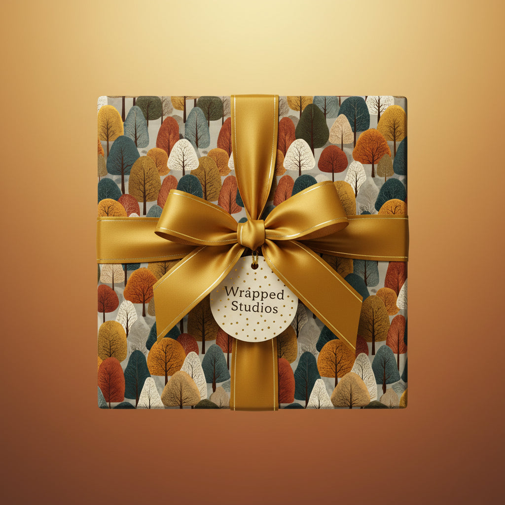 Square gift wrapped in modern autumn tree pattern paper with gold ribbon and bow.
