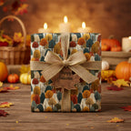 "Happy Autumn" gift wrapped in tree-patterned paper with burlap ribbon, ideal for fall celebrations.