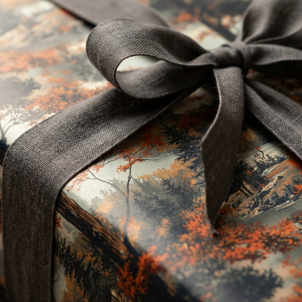 Close-up of a gift wrapped in elegant scenic autumn tree wrapping paper with a dark grey linen ribbon bow.