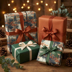 Elegant gifts wrapped in fall themed wrapping paper with rustic ribbons and pinecone accents.