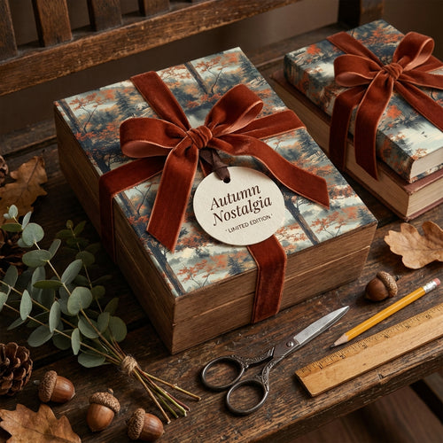 Autumn Nostalgia wrapping paper box with brown velvet ribbon and forest scene, rustic luxe style.