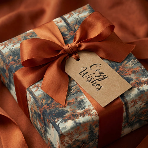 Autumn scenic wrapping paper with copper ribbon and a gift tag reading "Cozy Wishes."
