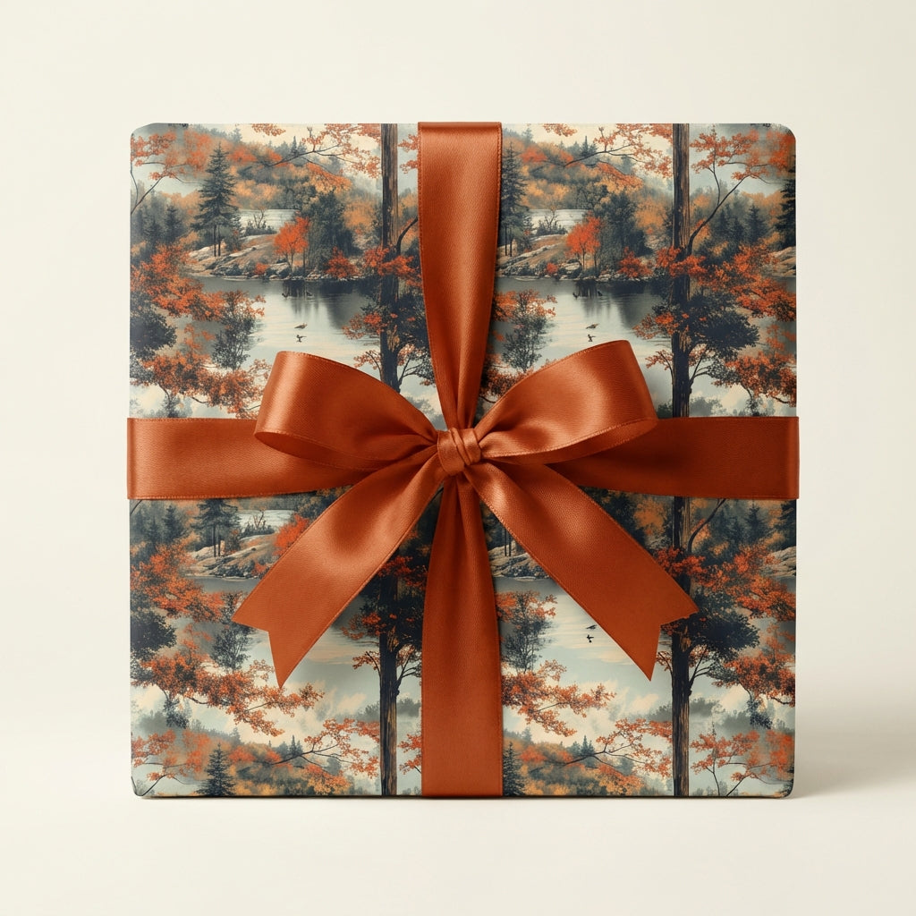 Square gift wrapped in autumn landscape wrapping paper with a copper-colored satin ribbon.