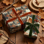 Autumn-themed gifts wrapped in scenic landscape paper with velvet ribbon, perfect for fall birthdays or Thanksgiving.