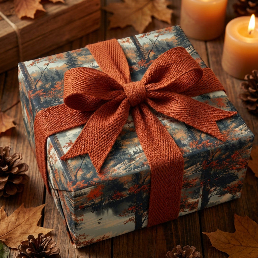 Square gift wrapped in rustic autumn forest wrapping paper with a burnt orange ribbon and bow.
