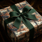 Elegant gift wrapped in a scenic autumn forest wrapping paper with a dark green and gold ribbon.