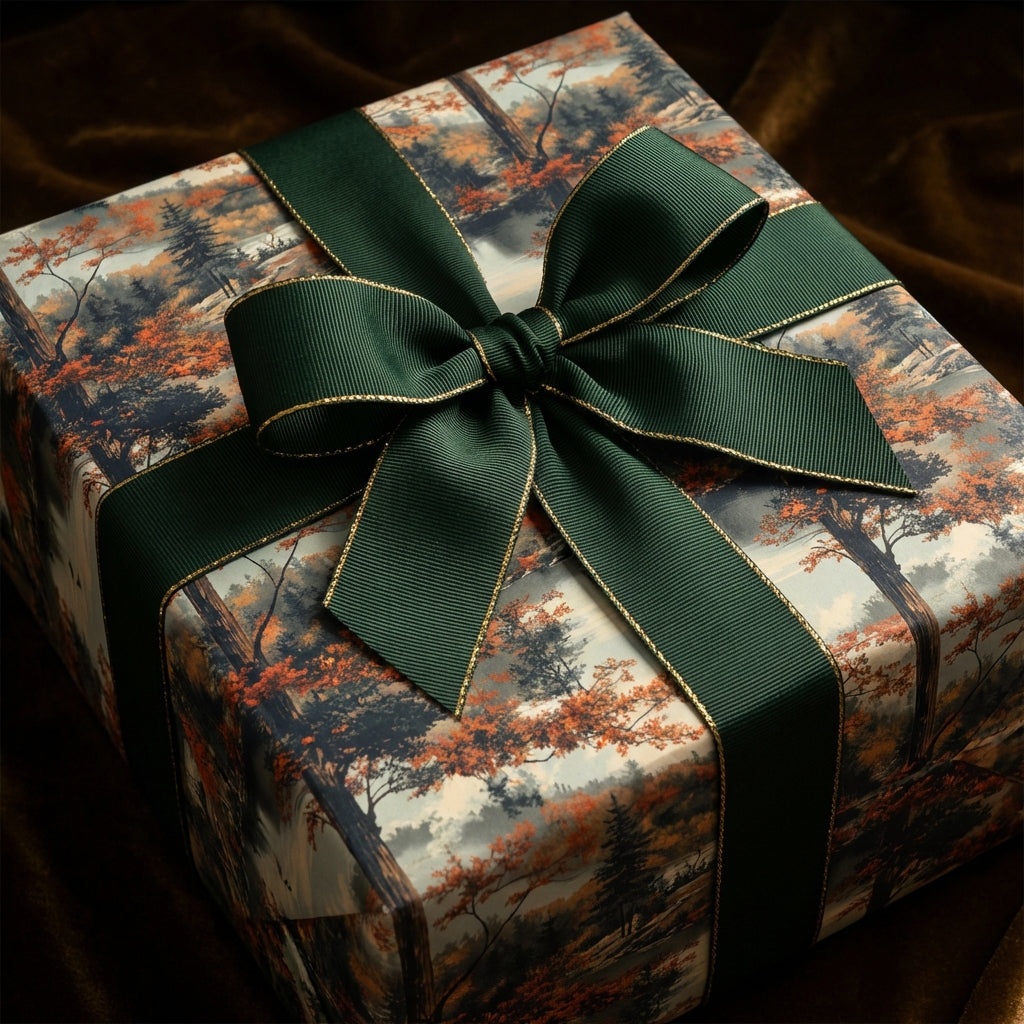 Elegant gift wrapped in a scenic autumn forest wrapping paper with a dark green and gold ribbon.