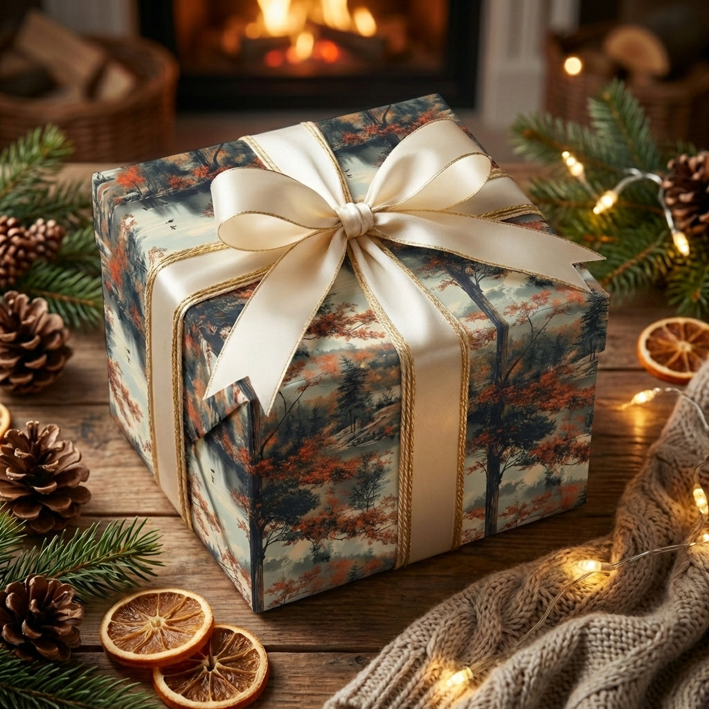 Elegant Christmas gift wrapped in scenic landscape paper with gold ribbon, on a wooden surface near a fireplace.