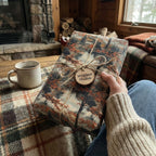 Hand holding gift wrapped in scenic forest wrapping paper with twine bow and wood tag.