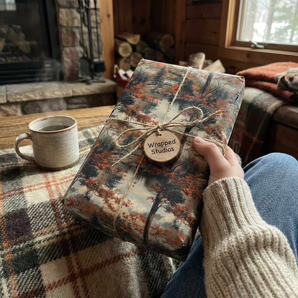 Hand holding gift wrapped in scenic forest wrapping paper with twine bow and wood tag.