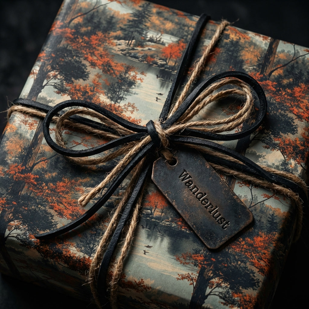 Gift box with rustic autumn-themed wrapping paper, tied with leather ribbon and "Wanderlust" tag.