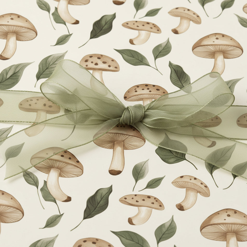 Mushroom wrapping paper with a sheer sage green bow, perfect for a whimsical gift.