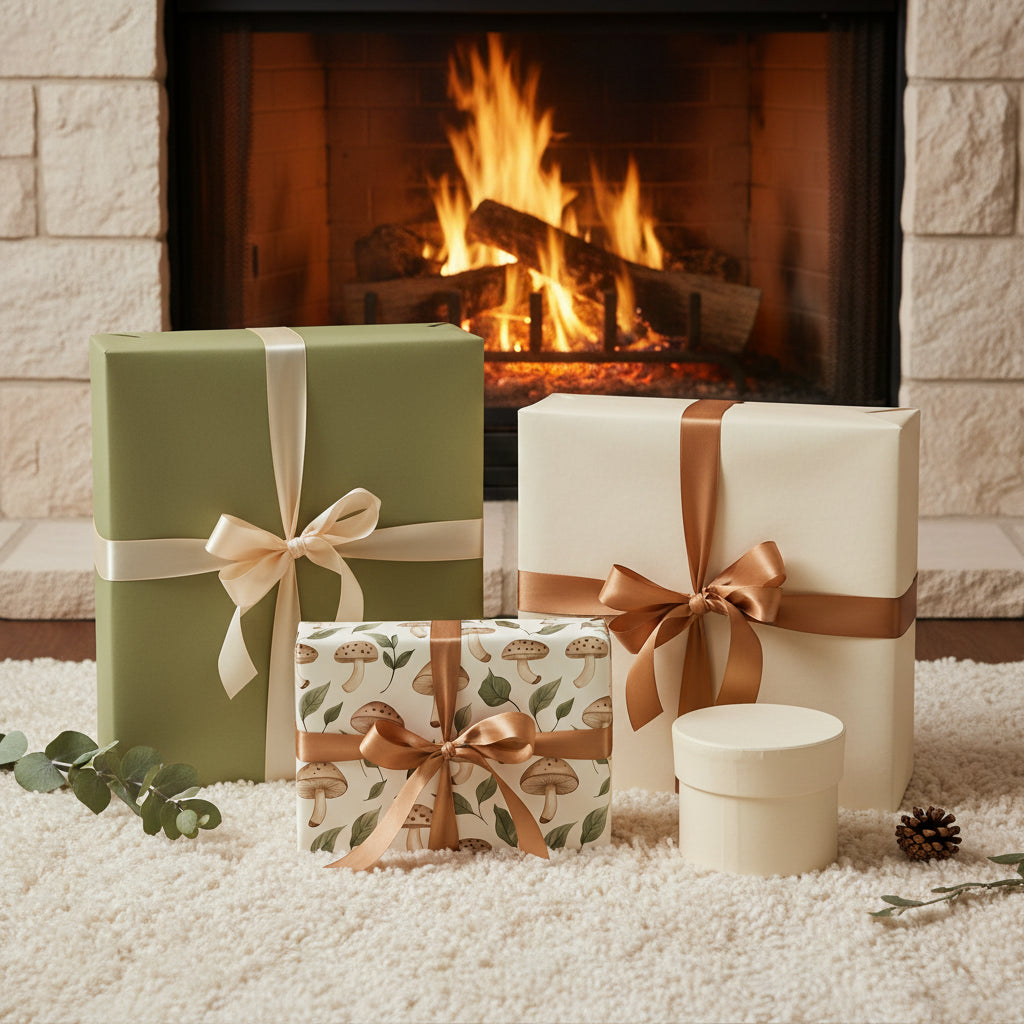 Elegant mushroom print wrapping paper with beige and bronze ribbons, gifts by warm fireplace.