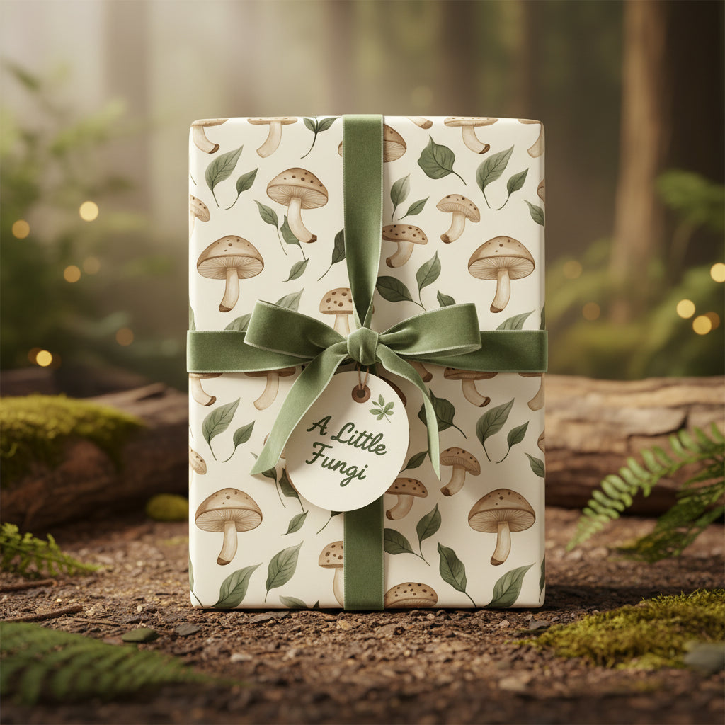 Rectangular gift wrapped in mushroom-themed paper with green velvet ribbon for a nature-loving birthday.