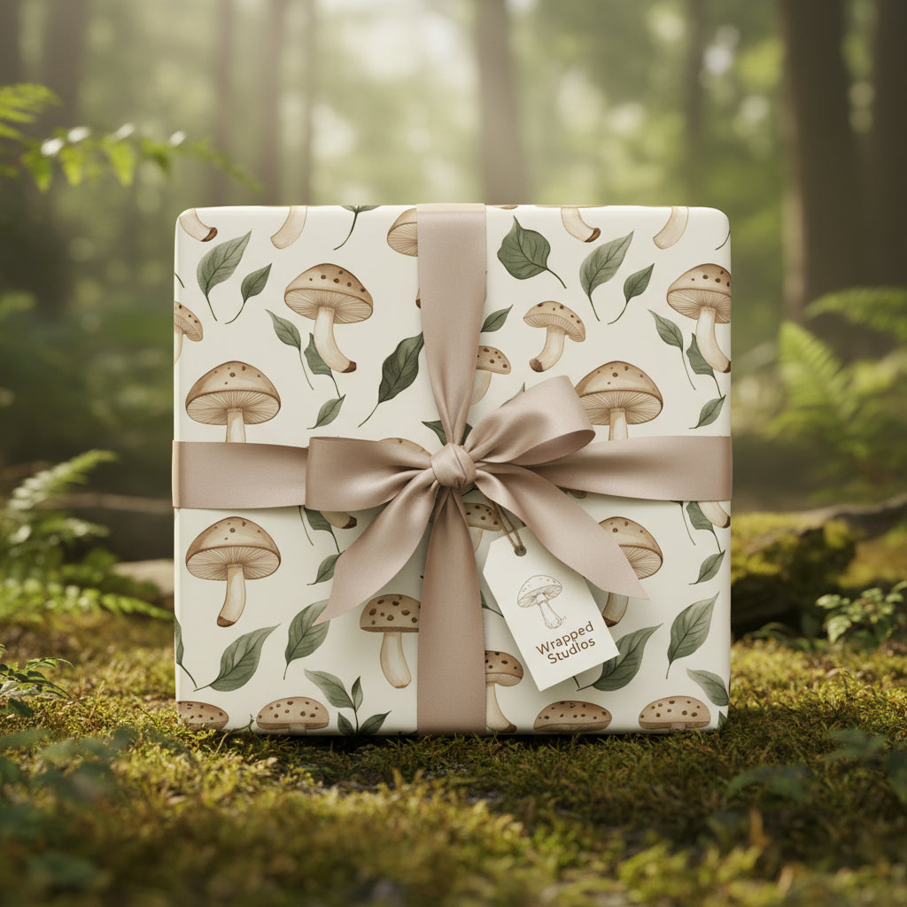 Square gift wrapped in woodland mushroom pattern paper with neutral ribbon, tag, and mossy forest background.