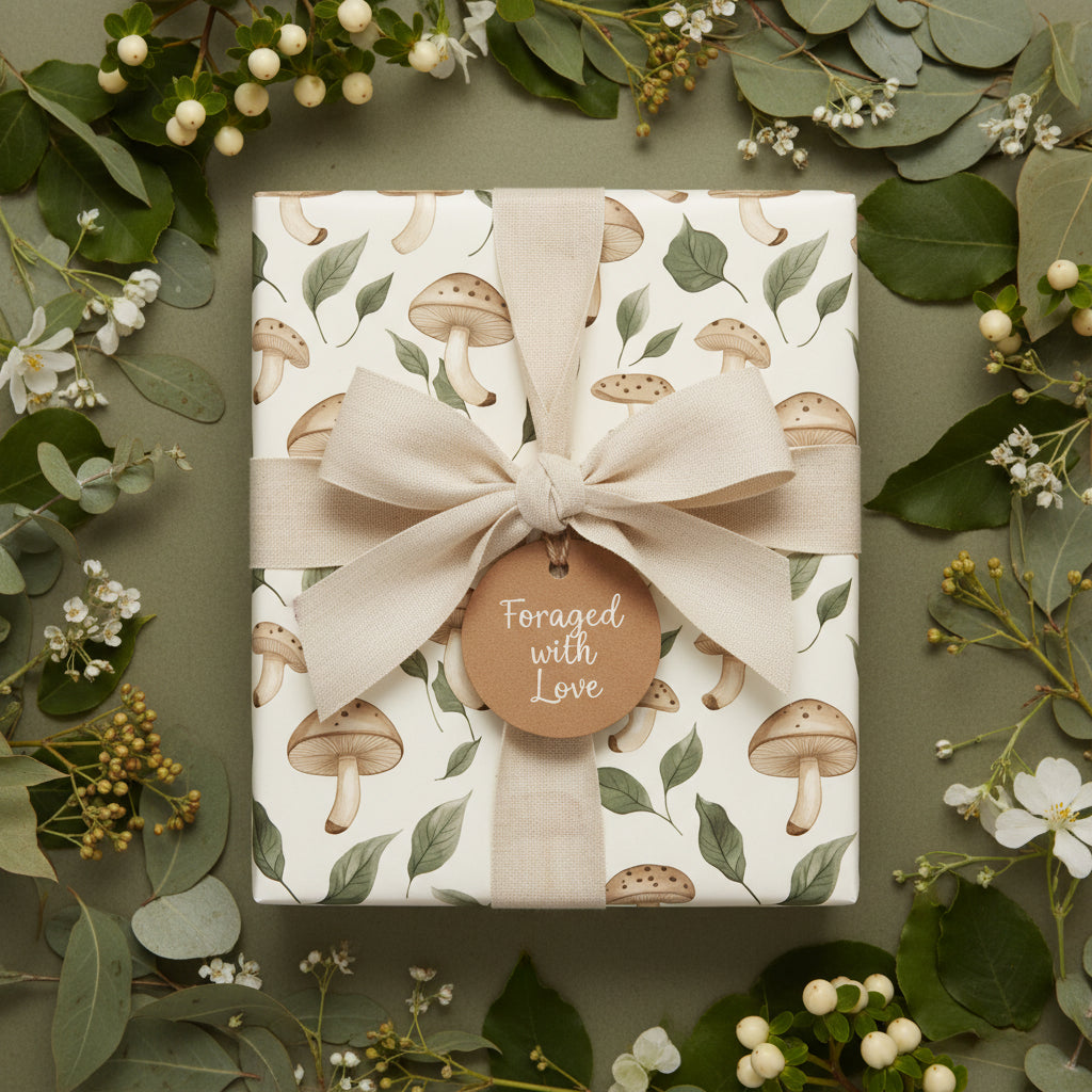 Elegant mushroom wrapping paper with cream ribbon and gift tag, surrounded by eucalyptus and white berries.