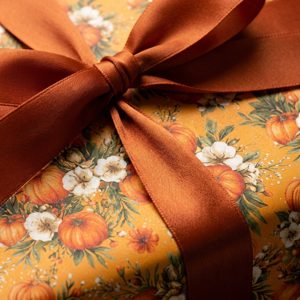 Elegant fall pumpkin wrapping paper with a rust satin ribbon by Wrapped Studios.