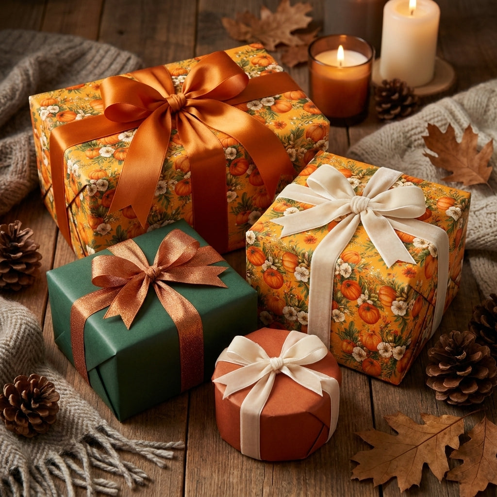 Fall pumpkin wrapping paper and rustic gift wrap on cozy autumn presents by Wrapped Studios.
